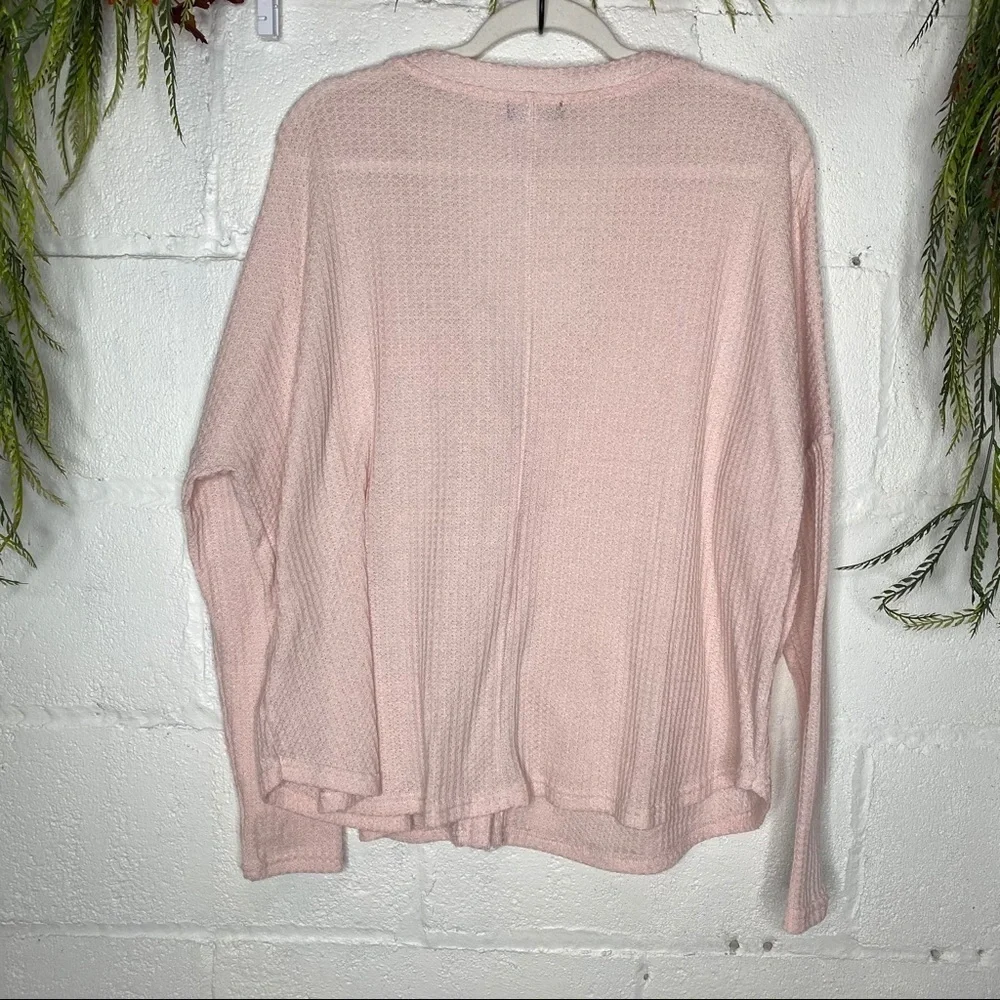 Soft Pink Waffle Weave Button Front V Neck Long Sleeve Top Size Large